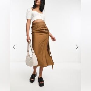 Urban Revivo gathered side crinkle midi skirt in brown